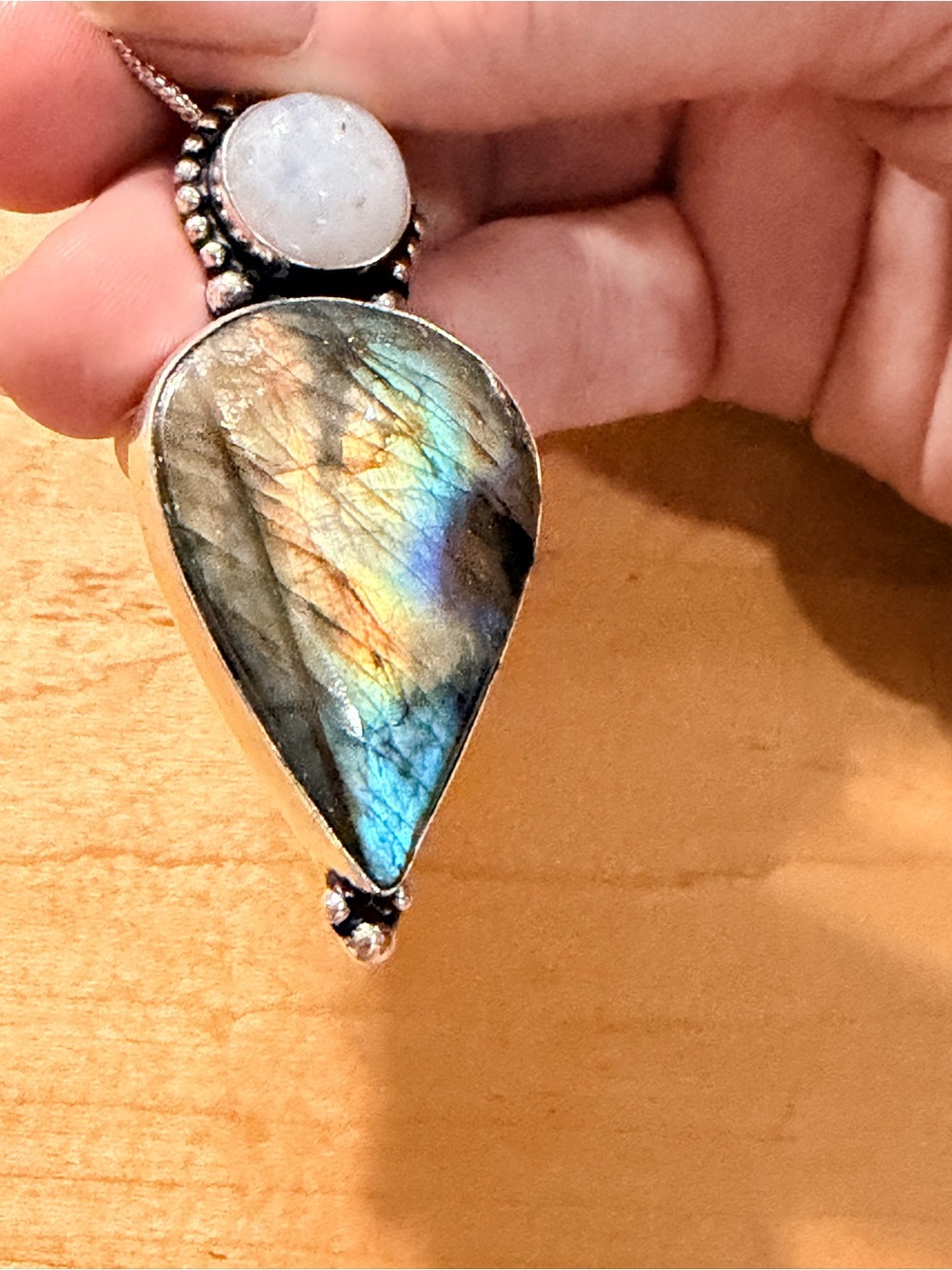 Labradorite & Moonstone Teardrop Pendant Necklace - 925 Plated/Stamped